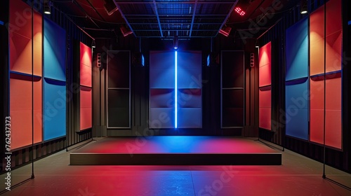 An empty modern podcast studio set  in blue and red light.