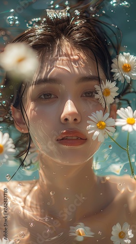 Face of a young Asian woman, with part of her head submerged in water, surrounded by daisies, sensual look at the camera.