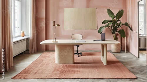 Wooden desk with round lines  minimalist style  in the interior of a simple room  with pink tones.