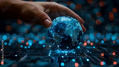 A hand holding an earth hologram glowing with blue lights on top of digital technology background