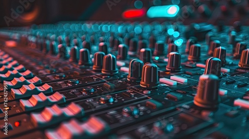 Mixer sound console, closeup to buttons and knobs.