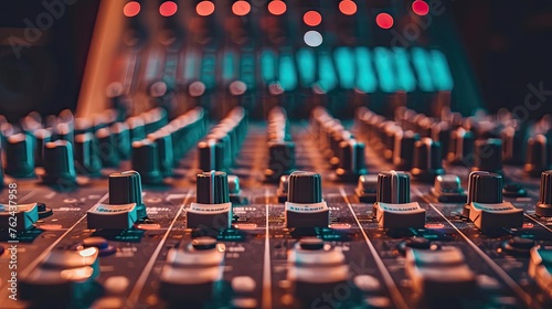 Mixer sound console, closeup to buttons and knobs.