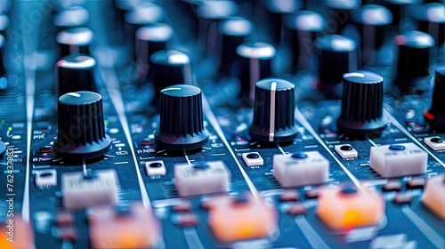 Mixer sound console, closeup to buttons and knobs.