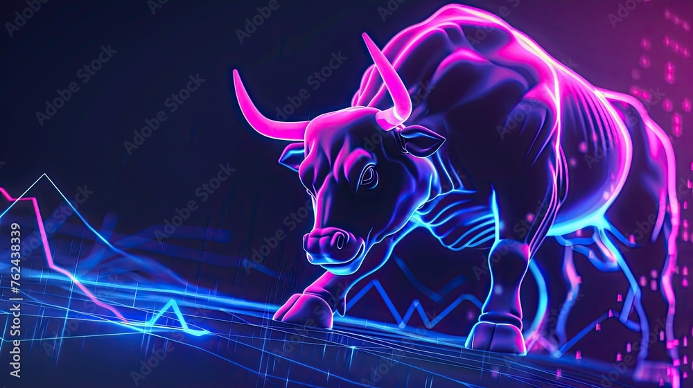 Angry bull on a market stock chart pattern, pink and blue neon light glow.
