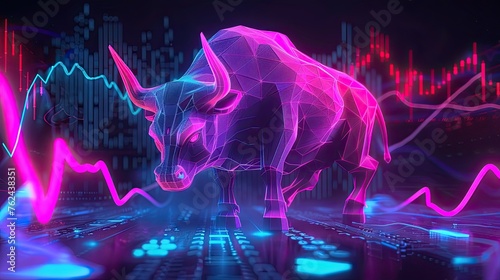 Angry bull on a market stock chart pattern, pink and blue neon light glow. photo