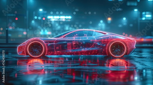 A futuristic car, holographic design used for business presentations, city night shot background, text copy space.