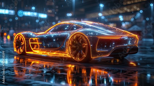 A futuristic car, holographic design used for business presentations, city night shot background, text copy space. © MiguelAngel