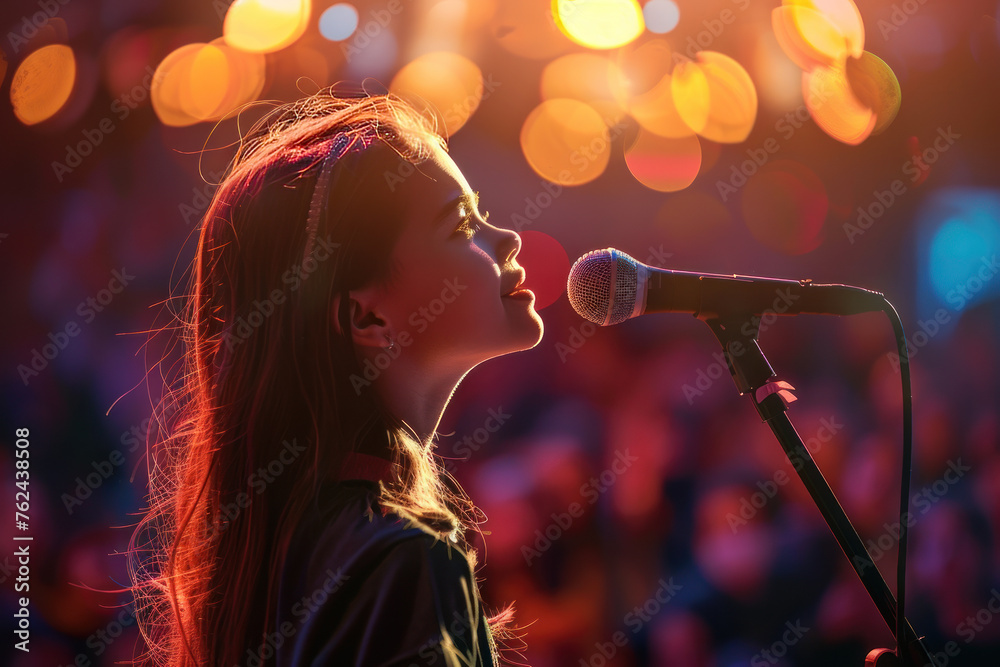 A girl singing at a concert under vibrant stage lights A girl singing at a concert under vibrant stage lights
