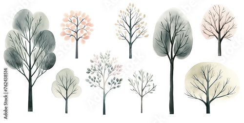 Watercolor set of stylized trees in muted tones isolated on white background