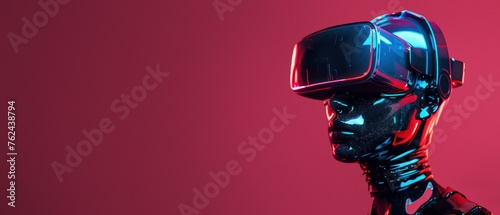 A glossy cybernetic robot with a virtual reality headset against a vibrant pink background, depicting futuristic technology and artificial intelligence