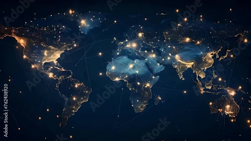 A digital map of the world with glowing connections between cities, representing global connectivity and data transfer across continents
