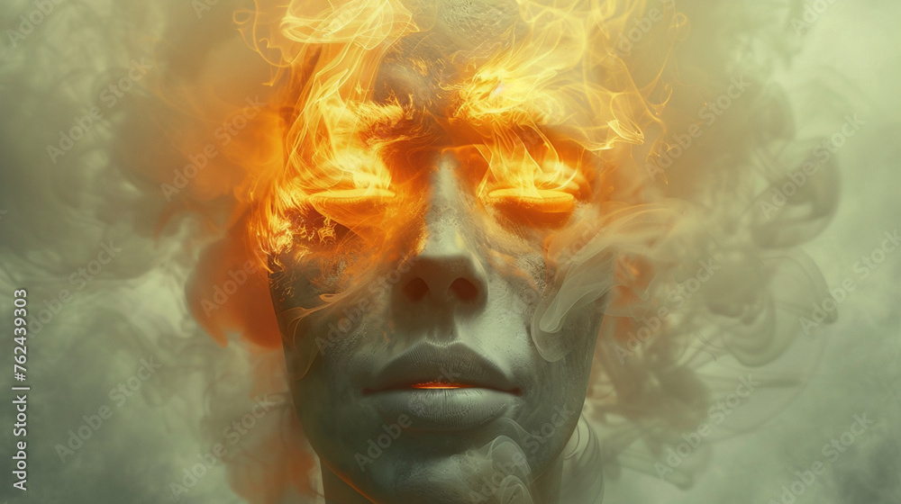 A human head with an orange glowing portal inside, smoke coming from the top and bottom of the face, A human head with an orange glowing portal inside, smoke coming from the top and bottom of the face,