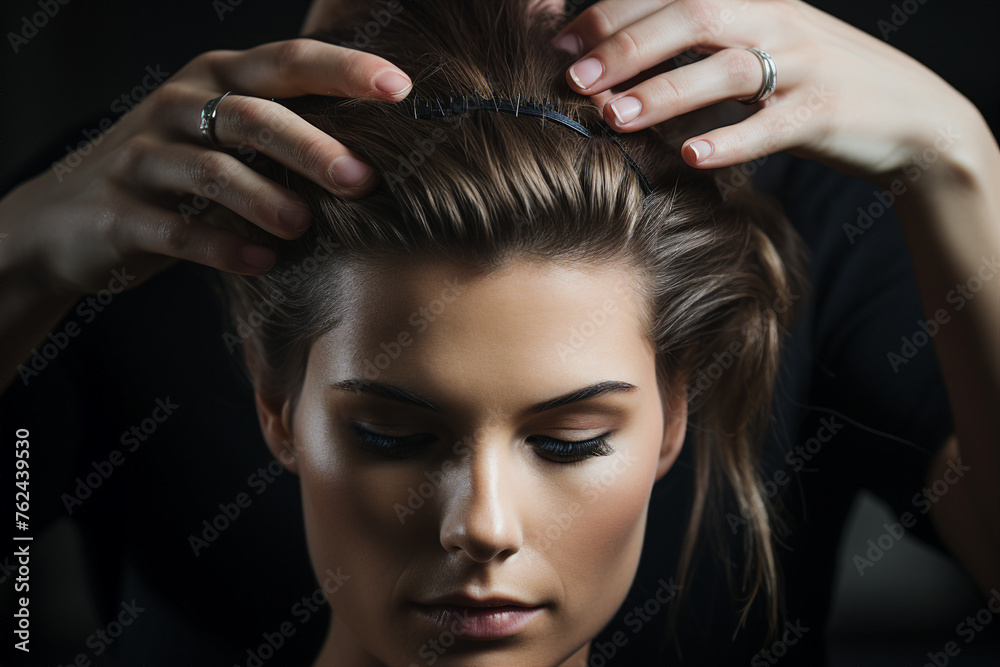 Fototapeta premium AI generated image of beautiful model woman in the hairdresser salon gets a new haircut