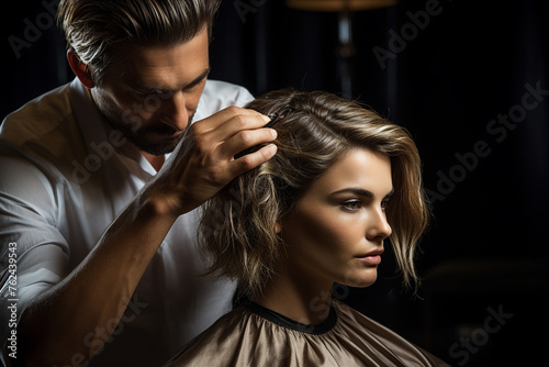 AI generated image of beautiful model woman in the hairdresser salon gets a new haircut