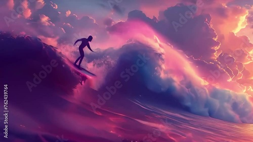 A silhouette of a surfer riding on the back of an enormous wave, the water is glowing with vibrant colors and surreal clouds in pink, purple, and blue hues