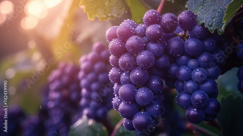 A plump grapes on the vine, shimmering with dew drops. AI generate illustration photo