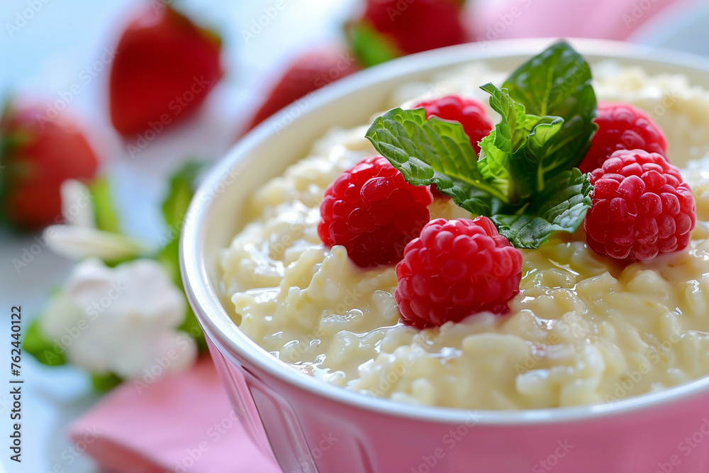 Vanilla rice pudding with raspberries, mint garnish. Classic sweet treat, homemade goodness. Perfect for dessert menus, cooking blogs, recipe books. Comfort food with a fresh touch Vanilla rice pudding with raspberries, mint garnish. Classic sweet treat, homemade goodness. Perfect for dessert menus, cooking blogs, recipe books. Comfort food with a fresh touch
