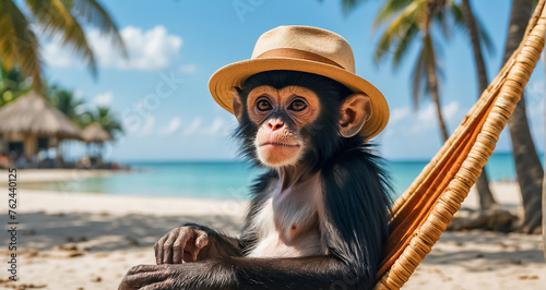 cute monkey relaxing on the beach photo