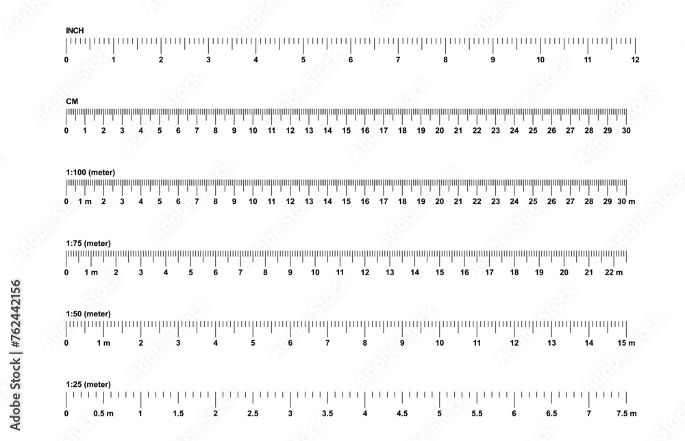 Grids for a ruler in millimeter, centimeter, meter and inch. Rulers mm, cm, m scale. metric units measuring scale bars for ruler. scale 1:100, 1:75, 1:50 and 1:25. Tape measure. Tools sign - obrazy, fototapety, plakaty 