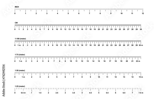 Grids for a ruler in millimeter, centimeter, meter and inch. Rulers mm, cm, m scale. metric units measuring scale bars for ruler. scale 1:100, 1:75, 1:50 and 1:25. Tape measure. Tools sign