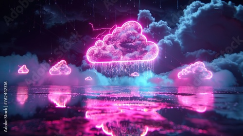 Neon Cloudscape with Electric Rain, fantastical cloudscape aglow with neon pink, lightning bolts and ethereal electric rain reflecting on a watery surface