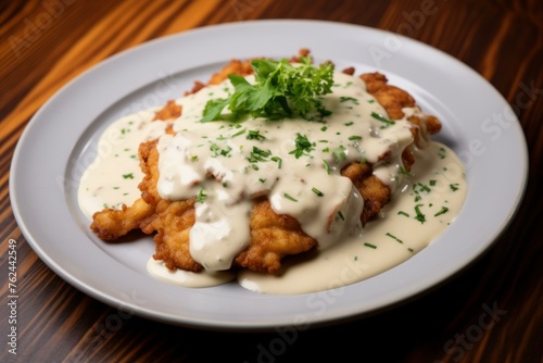 Rich Schnitzel bechamel sauce. Chop with the sauce in the plate on the table. Generate AI