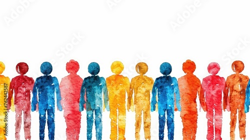 Watercolor figures in a spectrum of colors, standing in a line.