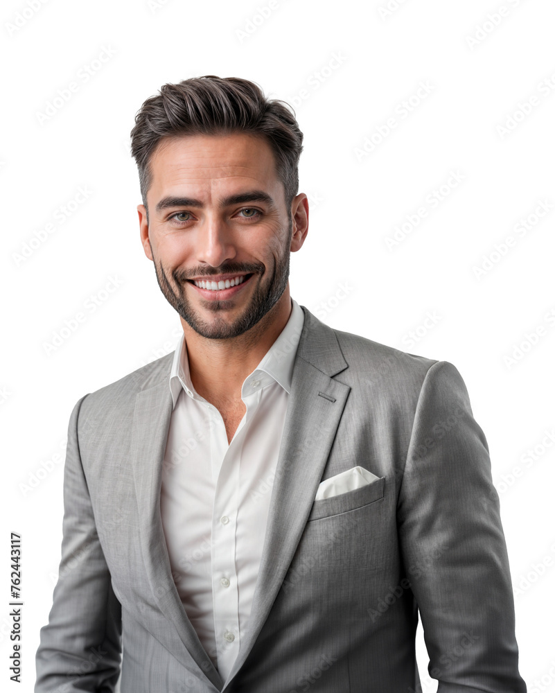 A close-up of a smiling man with a beard wearing a grey suit and white shirt. A close-up of a smiling man with a beard wearing a grey suit and white shirt.