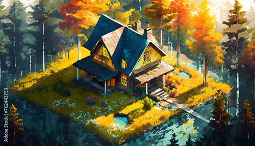 Abstract exploding photon Isometric view of country house in the woods on digital art concept, Generative AI.
