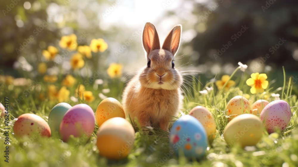 Sunny Spring Day, Close-Up of Easter Bunny with Colorful Eggs in Grass Sunny Spring Day, Close-Up of Easter Bunny with Colorful Eggs in Grass