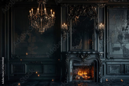 Decorative fireplace, vintage mirror and chandelier in classical black room interior.
