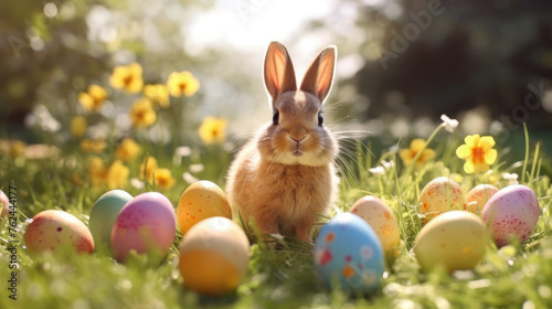 Sunny Spring Day  Close-Up of Easter Bunny with Colorful Eggs in Grass