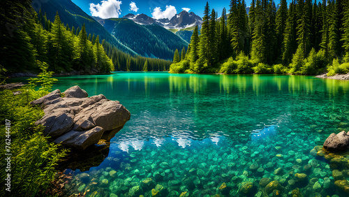 Beautiful lake view in summer  forest with lush trees and mountains with green trees in the distance 