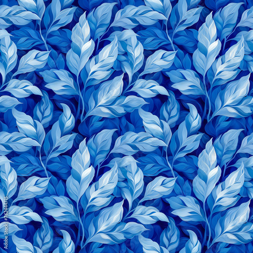 Seamless pattern of blue leaves on a dark background, suitable for fabric or wallpaper design.