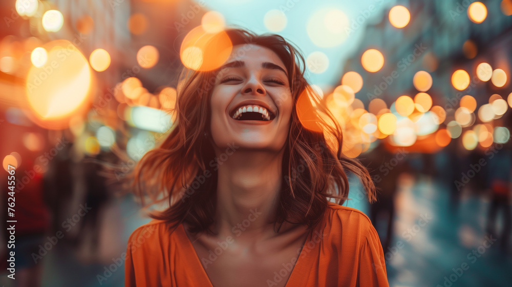 Joyful Woman Laughing in Evening City Lights