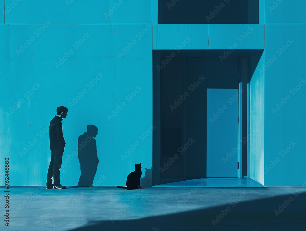 Obraz premium Man and Cat in Blue Urban Shadows