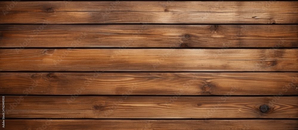 Fototapeta premium Closeup shot of a brown hardwood plank wall with a blurred background. The wood stain highlights the rectangle pattern of the flooring