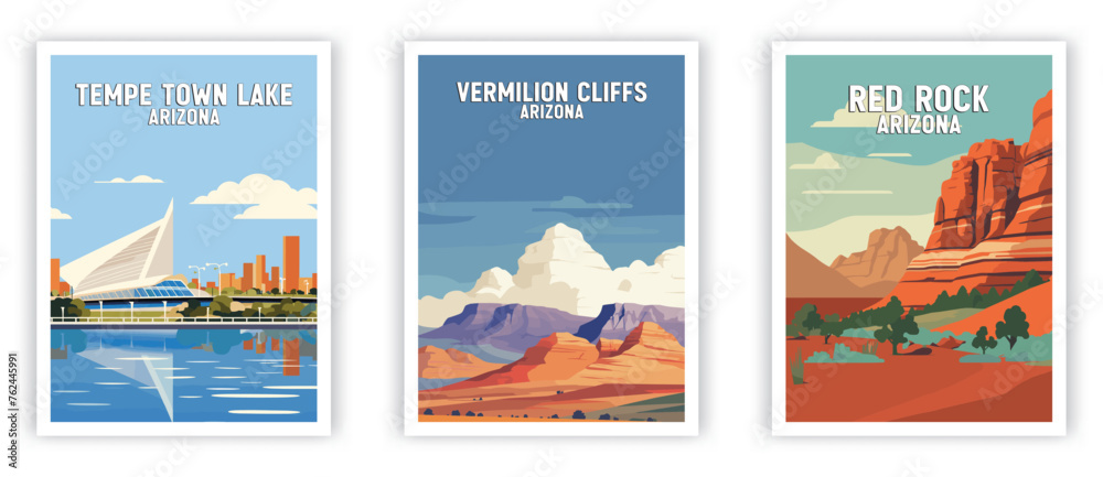 Red Rock, Vermilion Cliffs, Tempe Town Lake Illustration Art. Travel Poster Wall Art. Minimalist Vector art