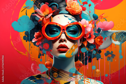 Modern painting in pop art style of young beautiful woman in red sunglasses with flowers in her head on bright colorful background. Contemporary trendy stylish drawing in bold hues