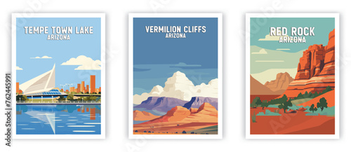 Red Rock, Vermilion Cliffs, Tempe Town Lake Illustration Art. Travel Poster Wall Art. Minimalist Vector art