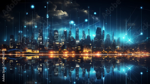 Futuristic cityscape skyscrapers illuminated by digital technology and neon lights © Derby