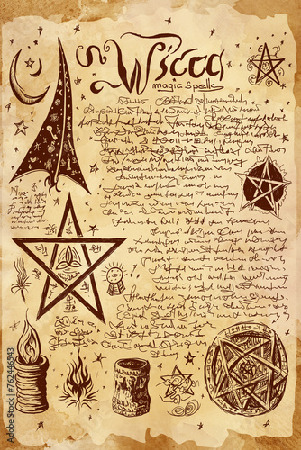 Фотография Witchcraft Old Book Page with Magic Spells