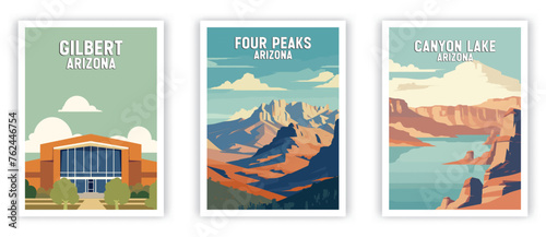 Four Peaks, Canyon Lake, Gilbert Illustration Art. Travel Poster Wall Art. Minimalist Vector art