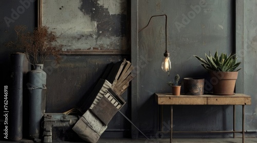 Wooden table on black wall in dark room background for product montage. 3d illustration