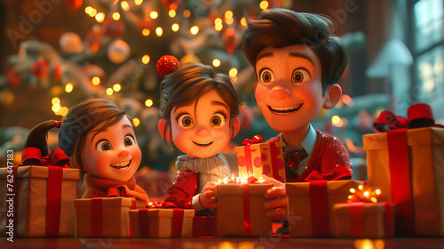 Fototapeta 3D cartoon family opening presents around a sparkling Christmas tree