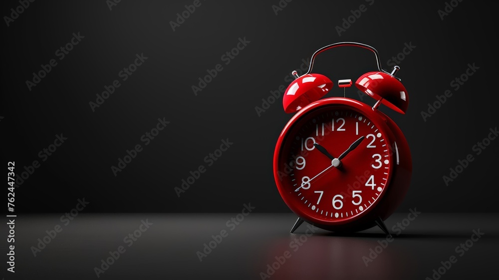 Red alarm clock with timeless design stands out on a monochrome background - obrazy, fototapety, plakaty 