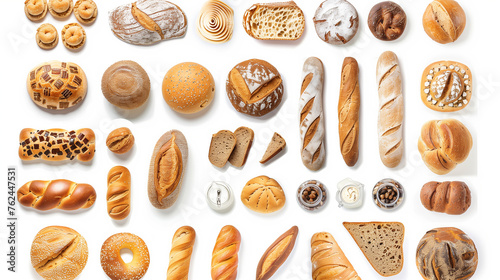 Wide collage freshly baked bread items isolated on white background. Generative AI.