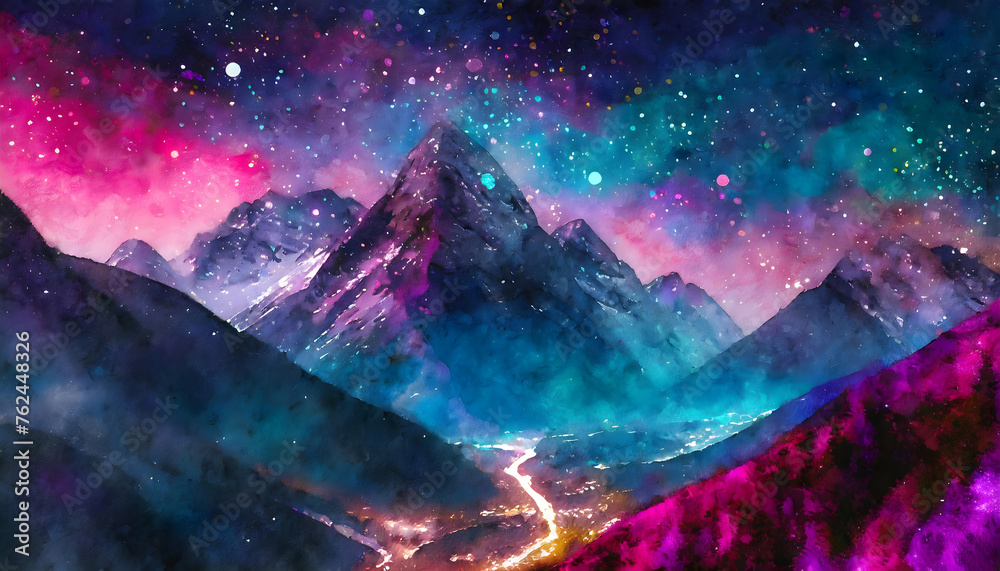 Abstract Cyberpunk futuristic Mountains with sparkling particles floating on digital art concept, Generative AI. - obrazy, fototapety, plakaty 