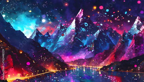 Abstract Cyberpunk futuristic Mountains with sparkling particles floating on digital art concept, Generative AI. © Watercolor_Concept