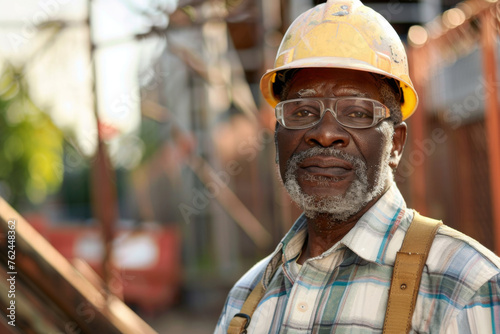 A construction worker stands confidently on-site, surrounded by building materials